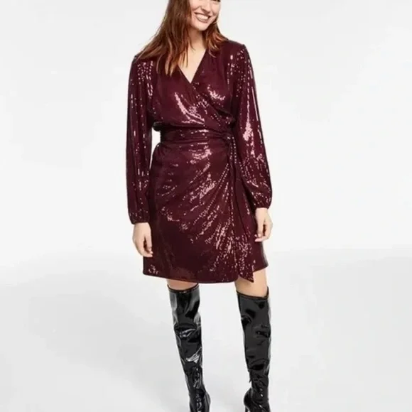 chinese dress ladies Faux Leather Belted Dress with Ruched Sleeves Burnt Orange / XL